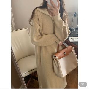 Korean soft waxy texture with half open collar zipper knit sweater dress